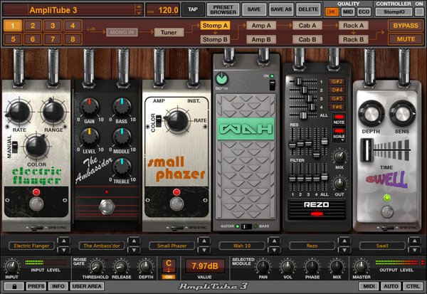AmpliTube 3 巨大的提升主要是吉他和低音音调精确建模软件,AmpliTube 3提高行业标准的声音变化,现实主义和创造力,虚拟的模拟指法,包括三个模块:-Amp模块;-Stomp-Boxes模块;-Post FX模块。 拥有超过160件复古和精确模拟可在一套精确模拟软件。 Amplitube 3包含超过160种模块,包括51个独立的踏板、31个放大器、46个箱体、15个话筒、17个机架效果器,完全开放系统,你可以将Amplitube Fender和Ampeg SVX模块也加进来用。 Ampli